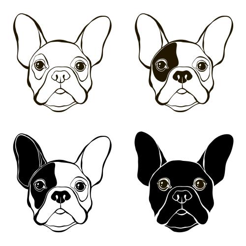 法国斗牛犬。矢量图 法国斗牛犬头四款白色钥匙扣