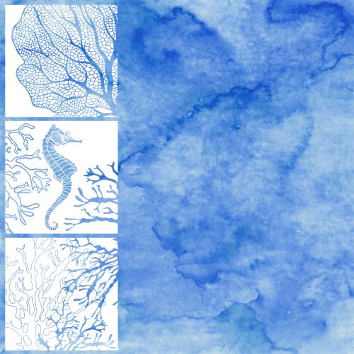 原创位图 蓝色水彩海洋主题图案，配有海马、水下植物及文字区