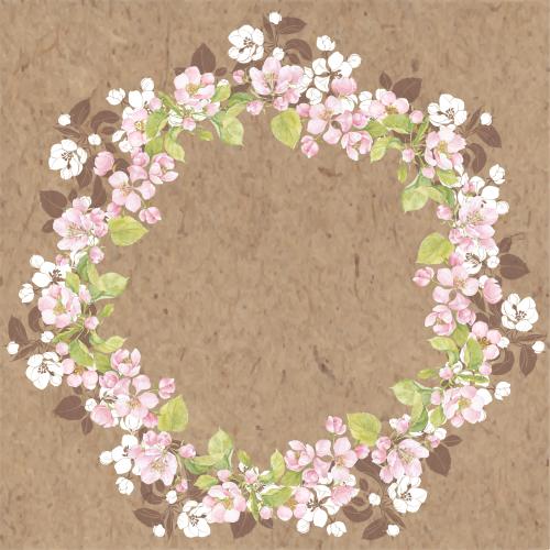 原创位图 苹果花与叶 圆形框状花环 牛皮纸