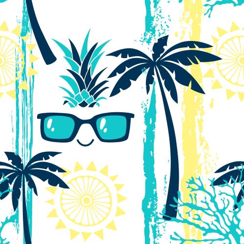 海滩。矢量图 卡通人物戴着太阳镜棕榈树太阳珊瑚白色背景上的彩色纹理条纹