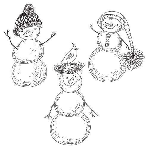 雪人。矢量图 三个可爱的卡通雪人白底
