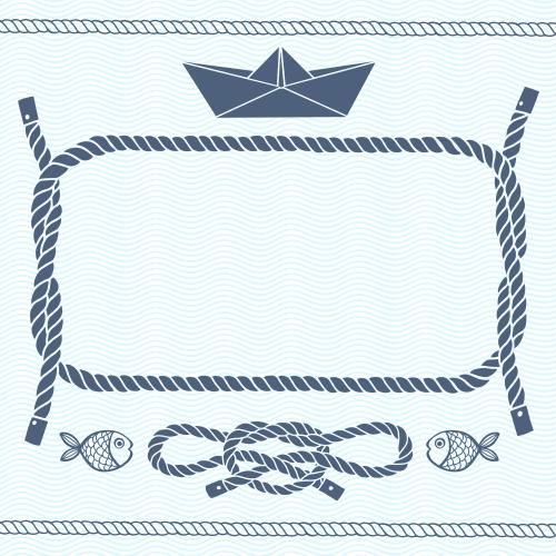 海用绳子。矢量图 矩形海上缆绳框架(带文字区域)缆绳纸船海军结蓝色波浪上的鱼