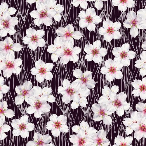  矢量图 深色背景上的水彩杏花和图形抽象叶子