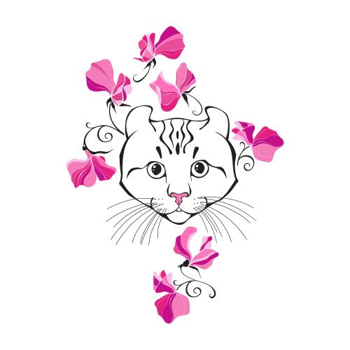 卷耳猫。矢量图 美国卷耳猫，可爱的面容和白色背景上的甜豌豆花
