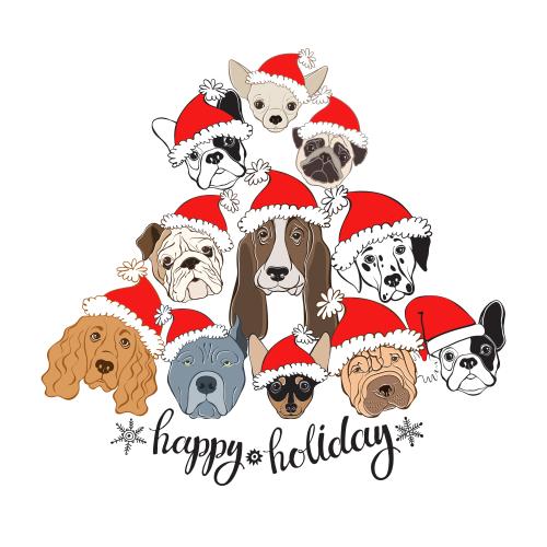 矢量图片 白色背景上的戴新年帽的可爱狗脸和“happy holiday”字样