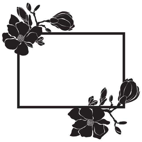 木兰。矢量图 白色矩形画框带花卉剪影