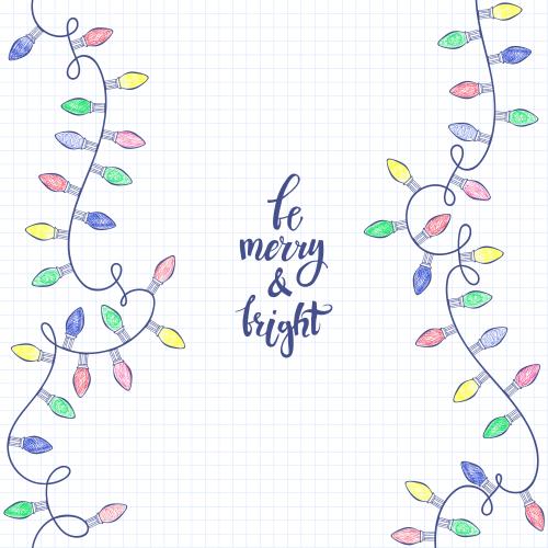 矢量图片 带彩色灯泡的花环，上面有"be merry and bright"字样和方格笔记本图案