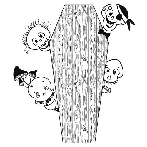 万圣节。矢量图 动画风格骷髅从棺材后探出头