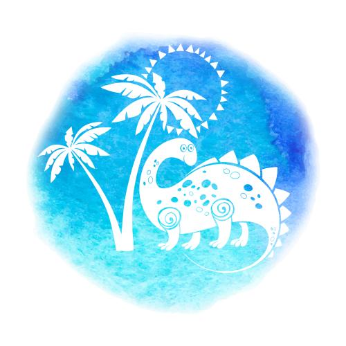 动物。矢量图 可爱的卡通恐龙在棕榈树下蓝宝石色水彩背景上