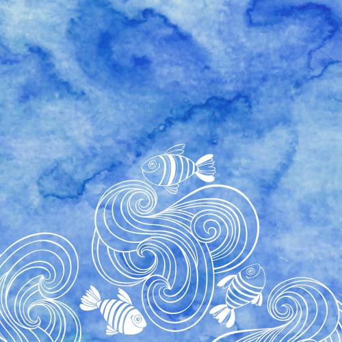 矢量图片 波浪，可爱的小鱼，蓝色水彩文字空间