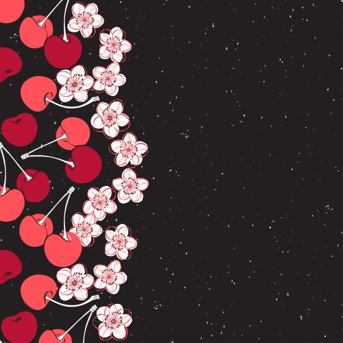 樱桃。矢量图 樱桃、浆果与花朵，黑色背景上的文字区