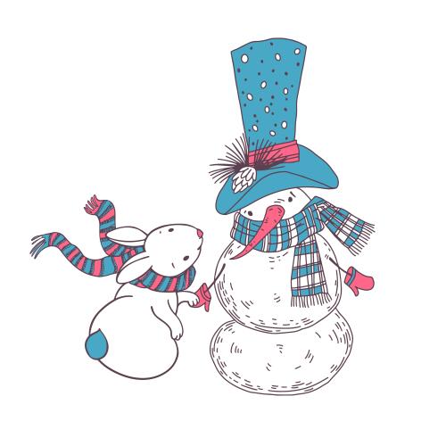 雪人。矢量图 卡通小雪人戴礼帽和可爱小兔子围着围巾在白色背景上
