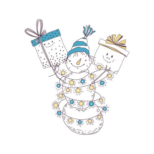 雪人。矢量图 卡通雪人带彩灯和礼物在白色背景上