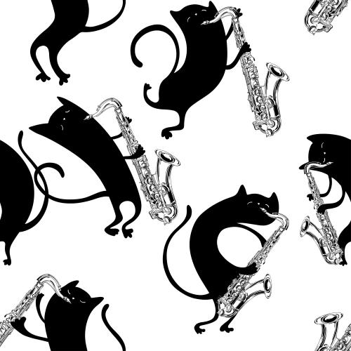 猫。矢量图 黑色卡通猫演奏萨克斯