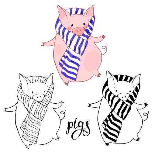 小猪。矢量图 戴着围巾的可爱小猪，三种白色款式