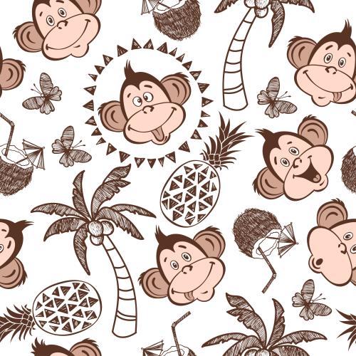 棕榈树。矢量图 猴子可爱的脸，棕榈树，菠萝，椰子鸡尾酒，白底蝴蝶
