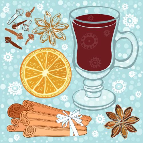 八角。矢量图 一杯热红酒杯，香料包括肉桂棒、八角、橙子、丁香，配上蓝色背景