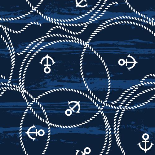 海用绳子。矢量图 由海用绳索和锚制成的白色圆形，蓝色背景上的纹理波浪图案