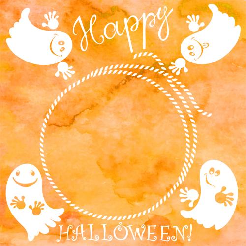 鬼魂。矢量图 圆绳环、可爱的鬼魂和水彩橙色文字“happy halloween”