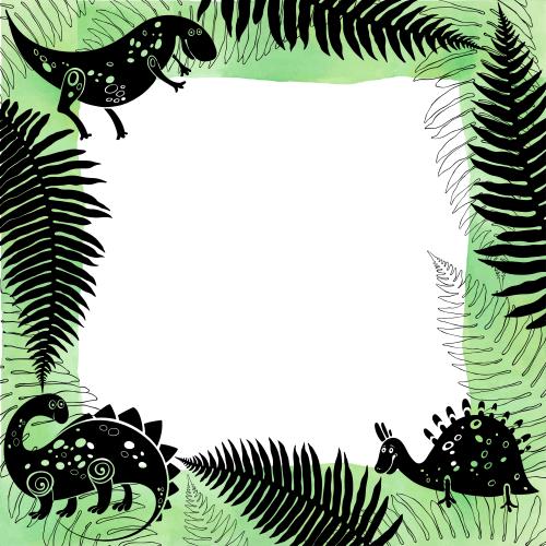 动物。矢量图 方形水彩画框，配有卡通恐龙与蕨类植物叶子，黑色轮廓与剪影