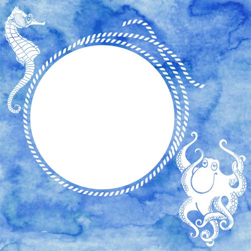 海用绳子。矢量图 圆形画框配以海马、章鱼和海缆图案，蓝色水彩背景