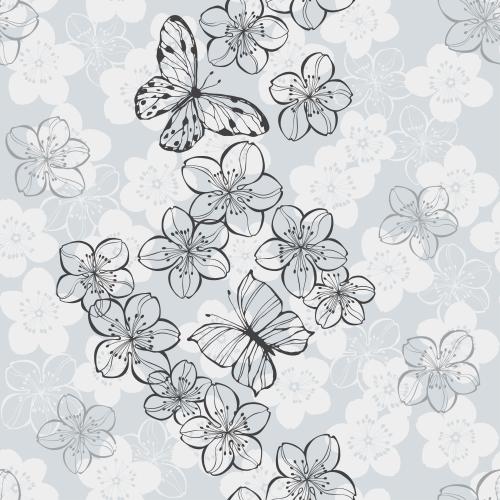 蝴蝶。矢量图 樱花和蝴蝶灰色背景