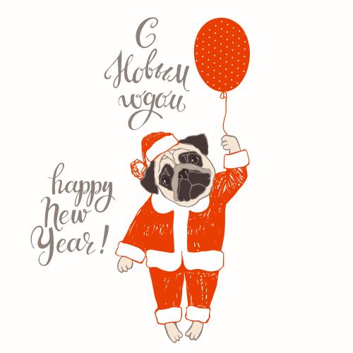 圣诞老人。矢量图 卡通巴哥犬穿圣诞老人服手持气球俄英双语新年祝福语白色背景