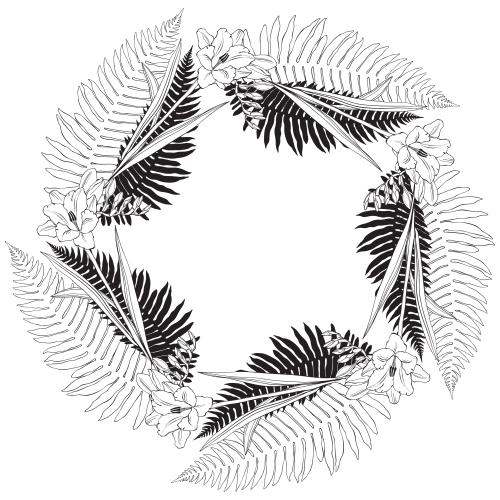 矢量图片 圆形相框,配以白色背景上的花丝兰和蕨类植物