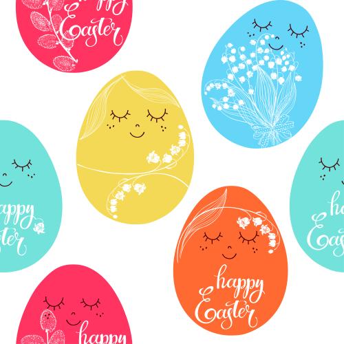 柳树。矢量图 multicolored cartoon-style easter eggs with lily of the valley willow branches and happy easter inscriptions on white background