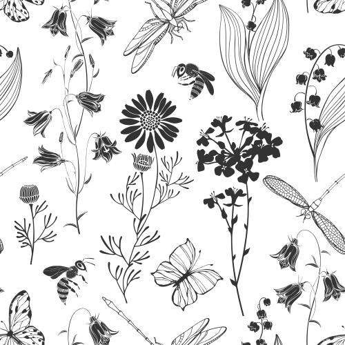 蜜蜂。矢量图 蓝铃花、铃兰、洋甘菊、油菜花、蝴蝶、蜻蜓、蜜蜂与白