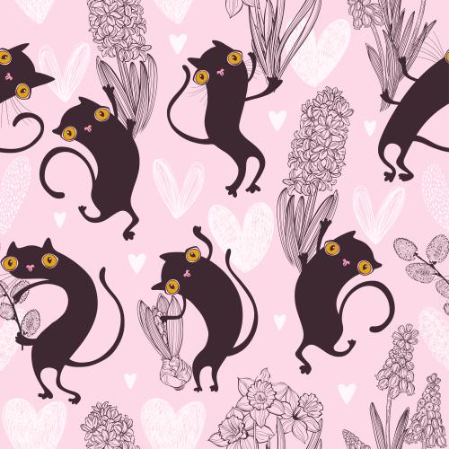 猫。矢量图 卡通黑猫与风信子、水仙、葡萄风信子、柳树枝及心形在浅粉色背景