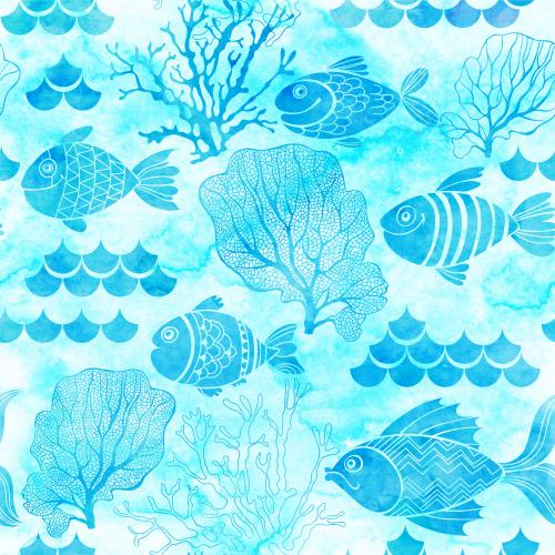 原创位图 动漫青绿鱼类波浪珊瑚海藻水彩画