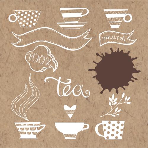 墨渍。矢量图 茶杯, 茶渍, 心形, 工艺丝带
