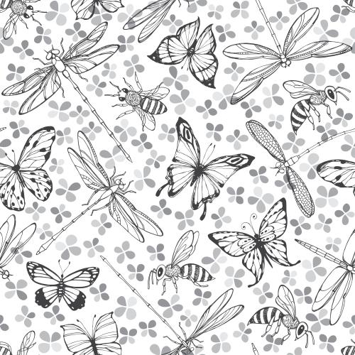 矢量图片 蜻蜓、蝴蝶、蜜蜂、单色小花剪影在白色上