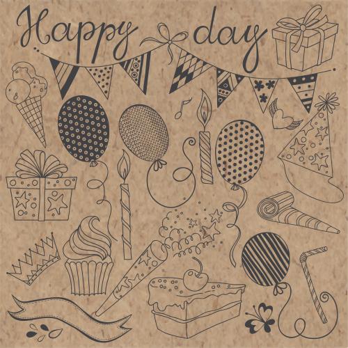 符号。矢量图 节日主题的图形元素 牛皮纸上的happy day字样