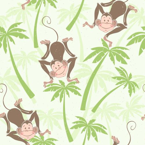棕榈树。矢量图 可爱的小猴子和棕榈树