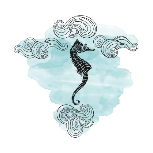 矢量图片 蓝色水彩上的海马和装饰波浪