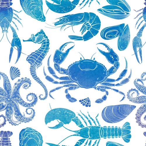 原创位图 海马、章鱼、螃蟹、贻贝、牡蛎、龙虾、螯虾、虾、贝壳、水彩剪影、白色背景
