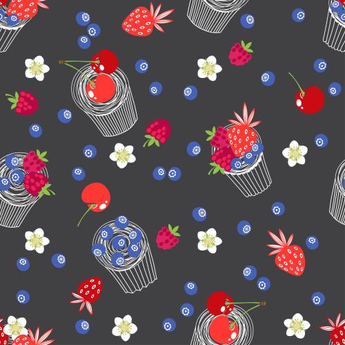 覆盆子。矢量图 浆果松糕：覆盆子、草莓、樱桃、蓝莓和黑色花朵装饰