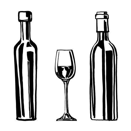 放松。矢量图 两瓶酒和一个酒杯，白色背景上的草图