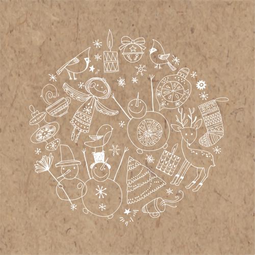 红衣主教鸟。矢量图 天使，雪人，驯鹿，玩具，蜡烛以及冬季节日的其他符号在牛皮纸上的圆形图案