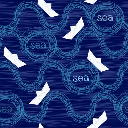 纸船。矢量图 纸船、波浪、蓝色上的'Sea'字样