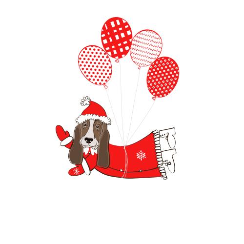 圣诞老人。矢量图 穿着圣诞老人服装的巴塞特猎犬乘坐热气球出行