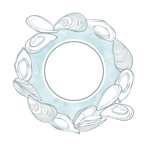 贻贝。矢量图 贻贝，浅蓝色水彩片段，白色圆形文字区