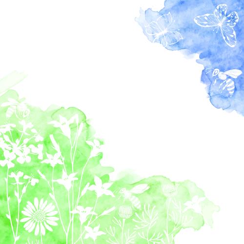 蜜蜂。矢量图 蝴蝶，蜜蜂，田园花卉，蓝色和绿色水彩片段，白底文字空间