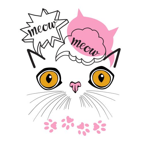 矢量图片 卡通猫脸, 喵字样, 爪子脚印, 白色背景上的设计