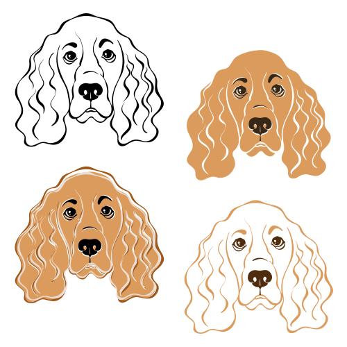 獒犬。矢量图 可卡犬，白色背景上的四张可爱脸庞