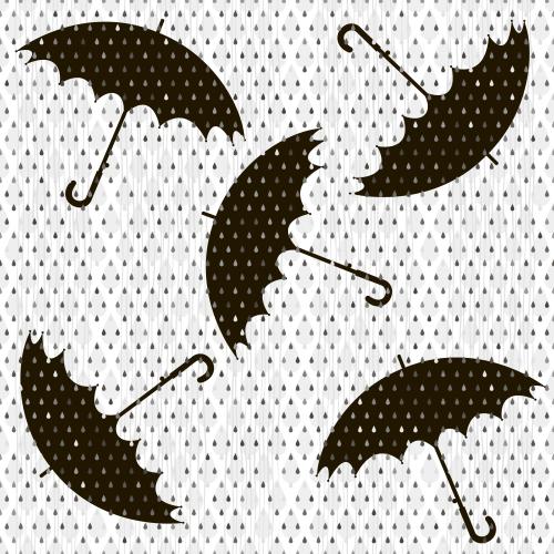 秋天。矢量图 黑色雨伞剪影、单色雨滴和白色背景上的线条