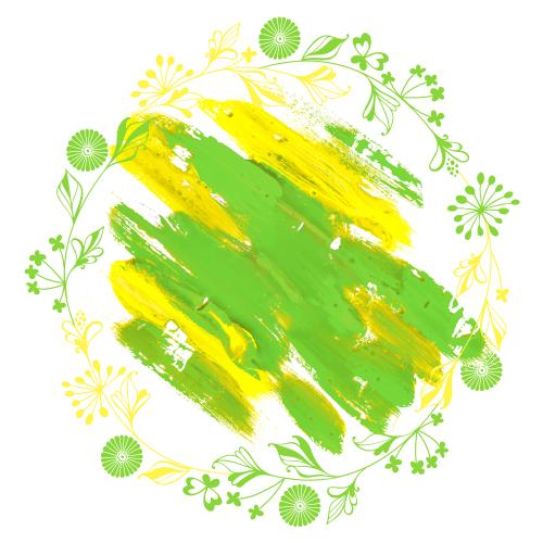 矢量图片 圆形相框，由装饰性花卉、植物和蝴蝶制成，中心有个黄绿色渐变色块
