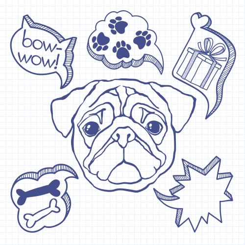 哈巴狗。矢量图 网格笔记本上的巴哥犬头对话气泡和各种符号